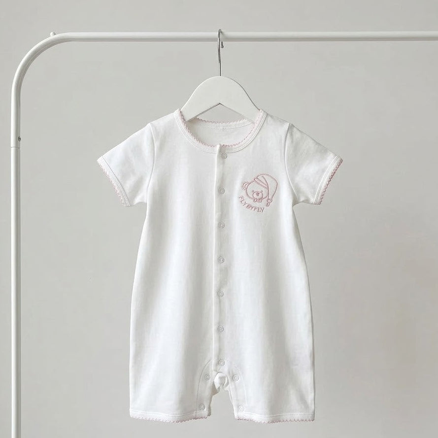 אוברול קצר רקמת דובי - לבן&ורוד