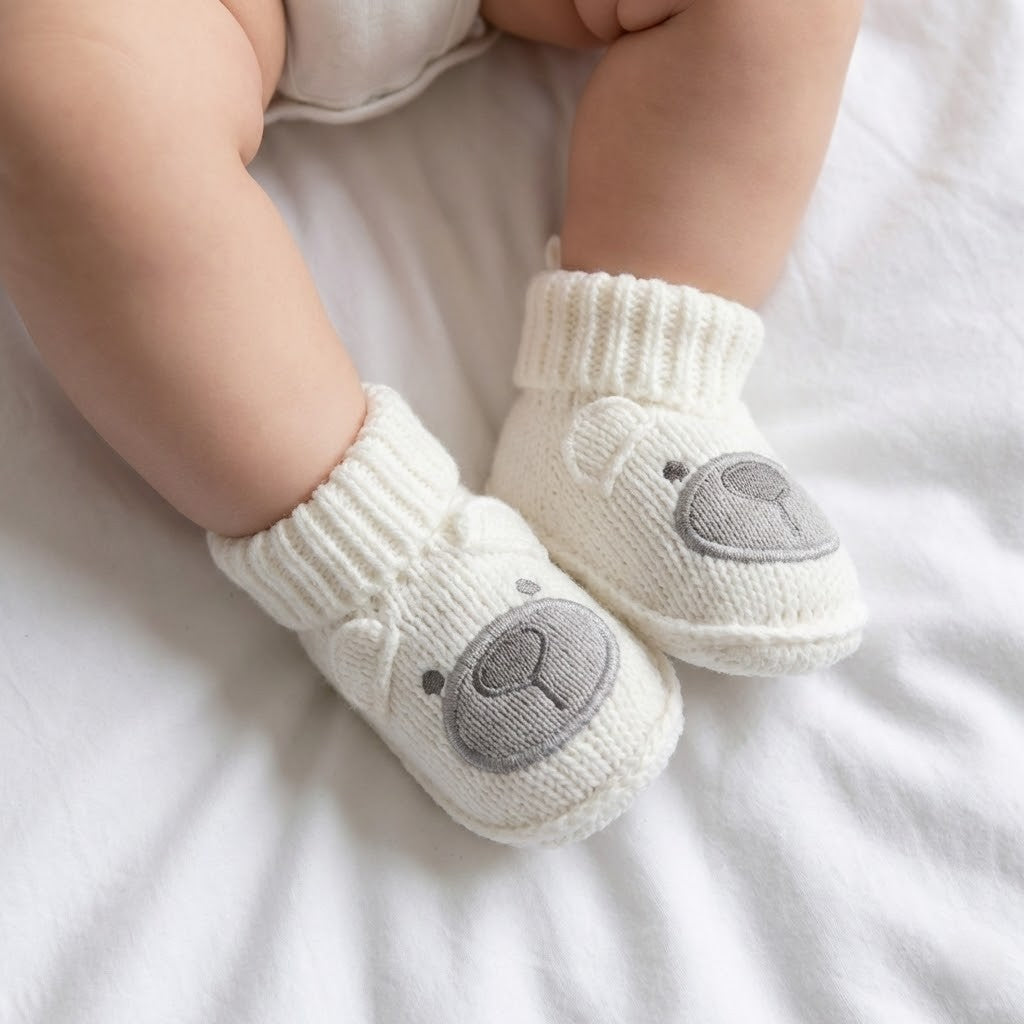 גרביים סרוגות לתינוק דובי - לבן