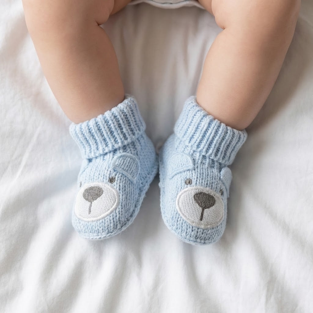 גרביים סרוגות לתינוק דובי - כחול