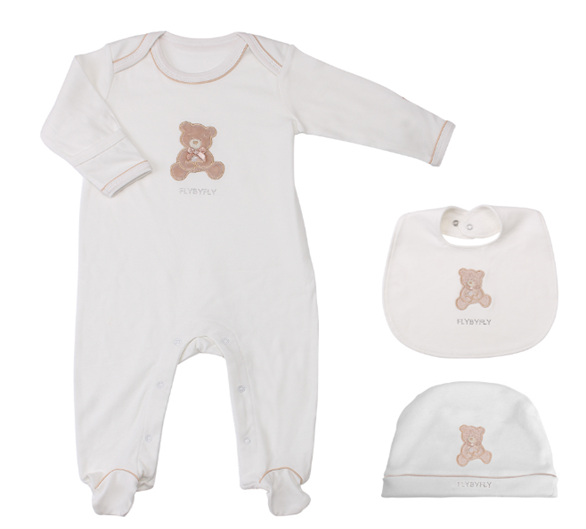 מארז מתנה לתינוק- אוברול + סינר וכובע- לבן\בז'