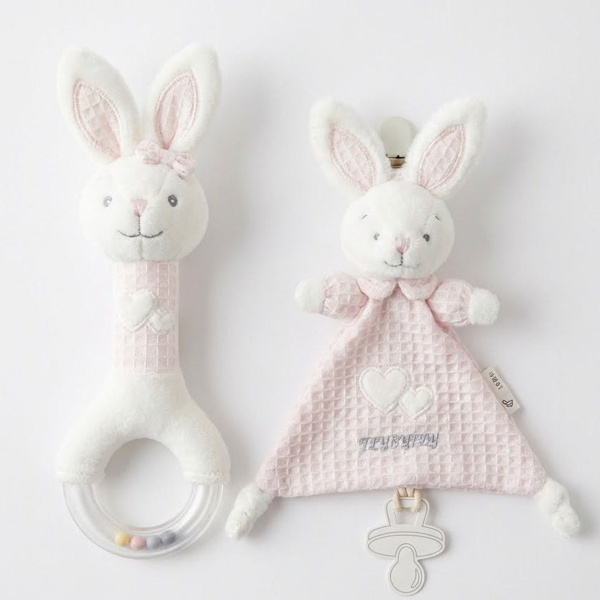 סט רעשן ומחזיק מוצץ שמיכי ארנב ורוד - מימי