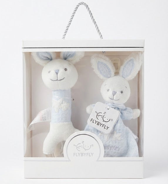 מתנה ליולדת סט רעשן ומחזיק מוצץ שמיכי ארנב- כחול