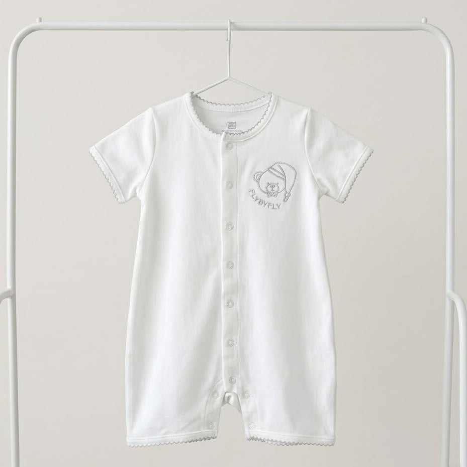 Short overalls with bear embroidery - white & gray