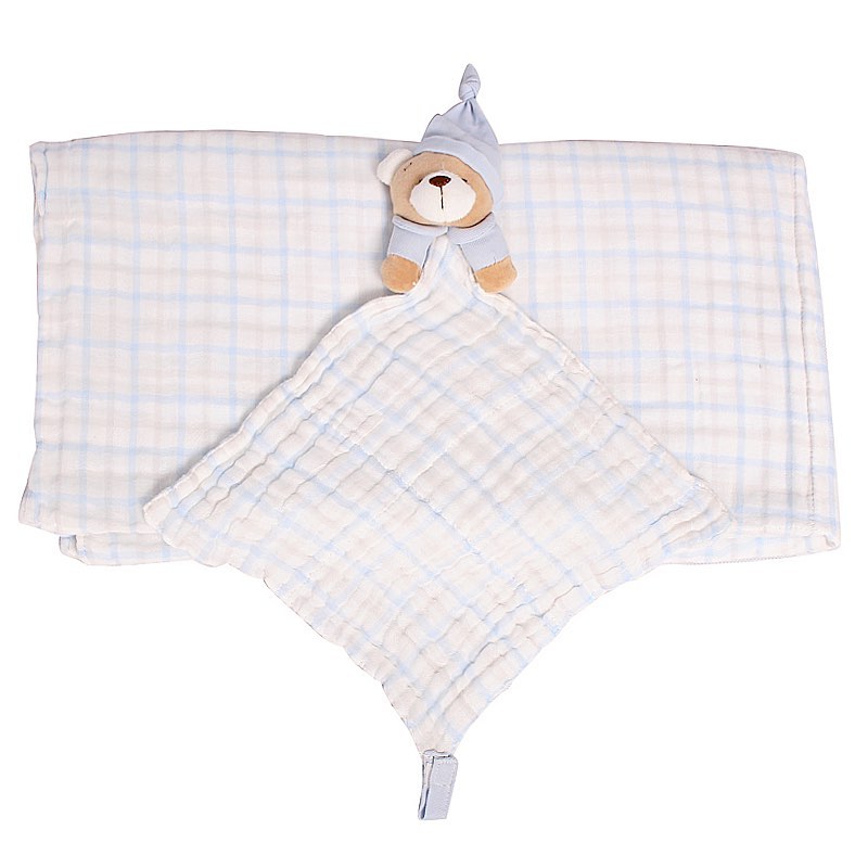 WAFFLE MUSLIN BLANKET + BEAR HANDKERCHIEF TEETHER SET - BLUE