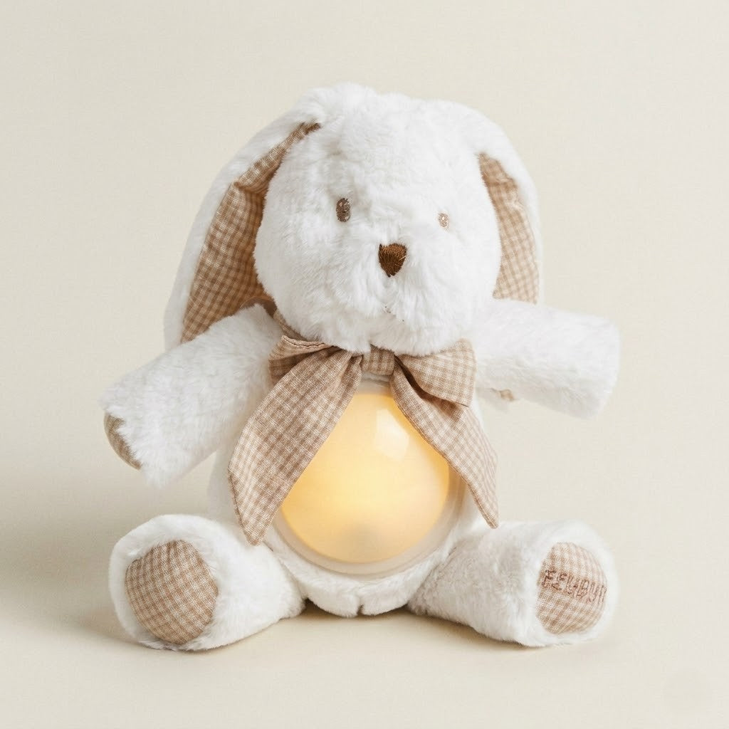 BUNNY NIGHT LIGHT WITH MUSIC - WHITE & BEIGE BOW TIE