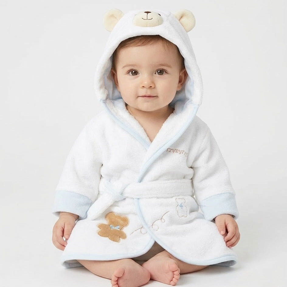 חלוק מגבת לתינוק - לבן גימור כחול