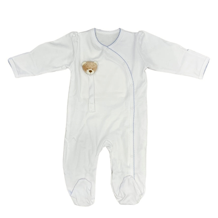 חליפת תינוק + תופסן מוצץ דובי - לבן גימור כחול