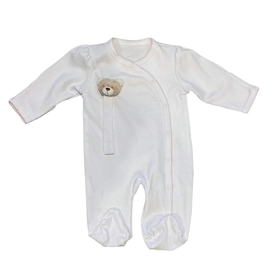 חליפת תינוק + תופסן מוצץ דובי - לבן גימור ורוד