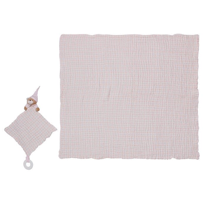 WAFFLE MUSLIN BLANKET + BEAR HANDKERCHIEF TEETHER SET - PINK