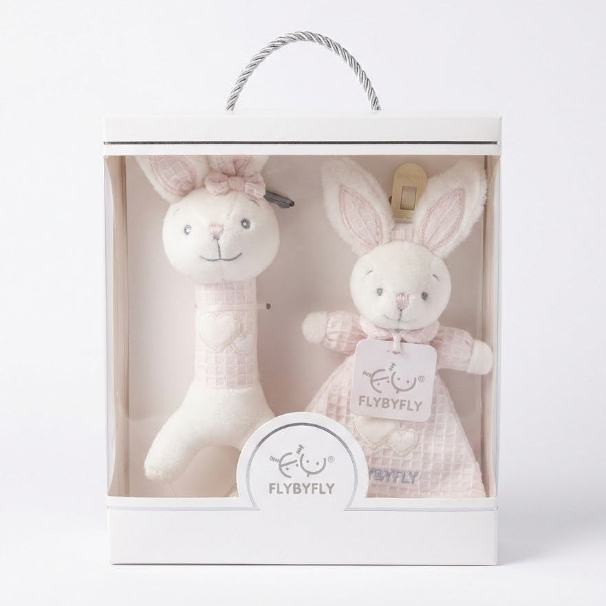 מתנה ליולדת סט רעשן ומחזיק מוצץ שמיכי ארנב- ורוד