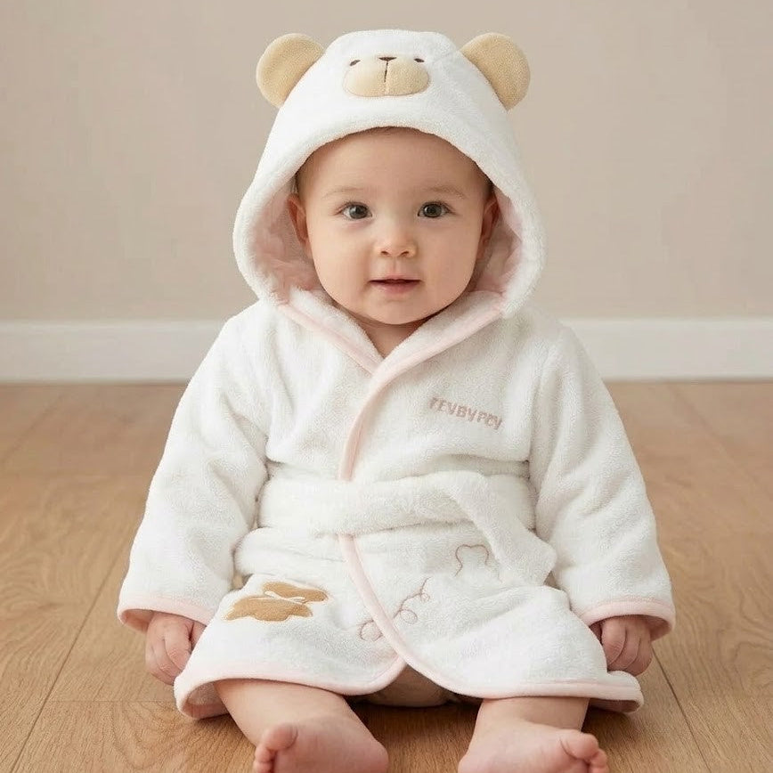 חלוק מגבת לתינוק - לבן גימור ורוד