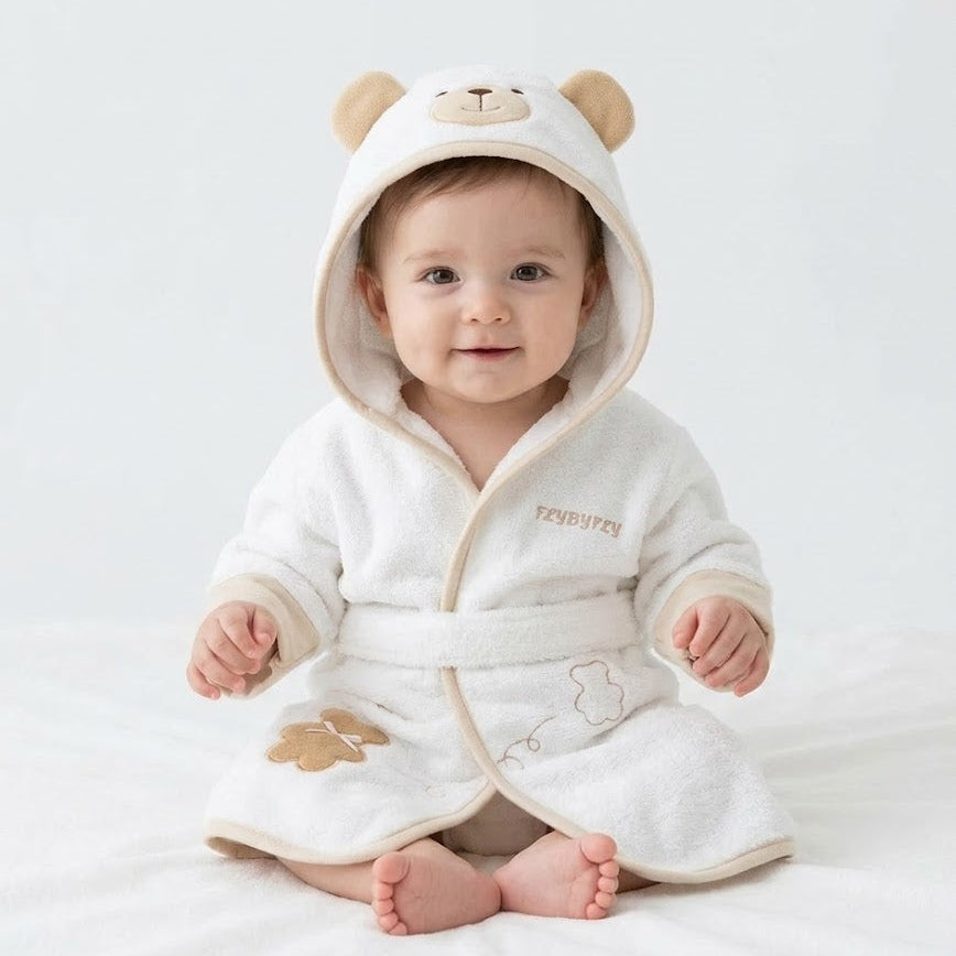 חלוק מגבת לתינוק - לבן גימור בז'