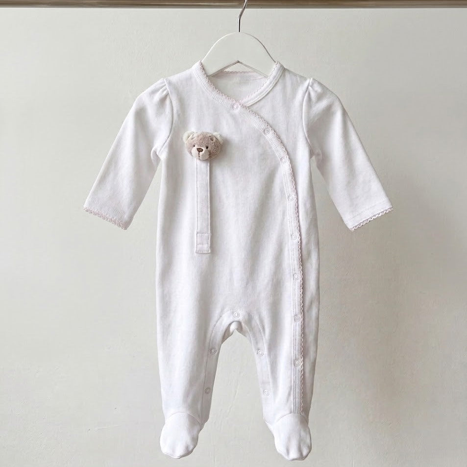 Baby suit + teddy bear pacifier clip - white with pink trim